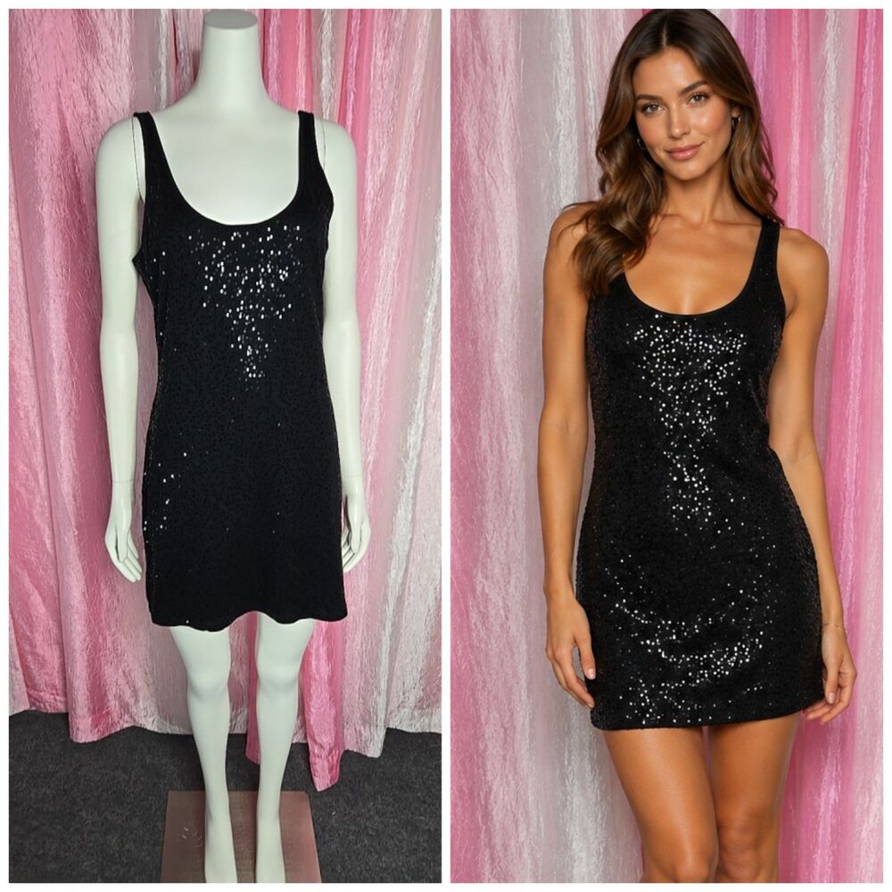 Express Dreamweight Cotton Black Sequin Mini Tank Dress Size Medium